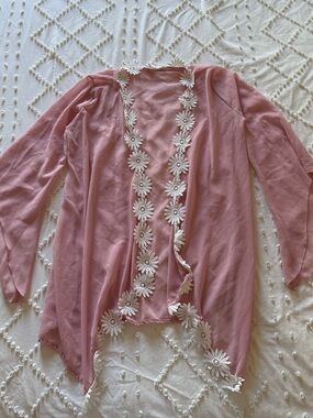 Pink Sheer Cardigan with Floral Trim